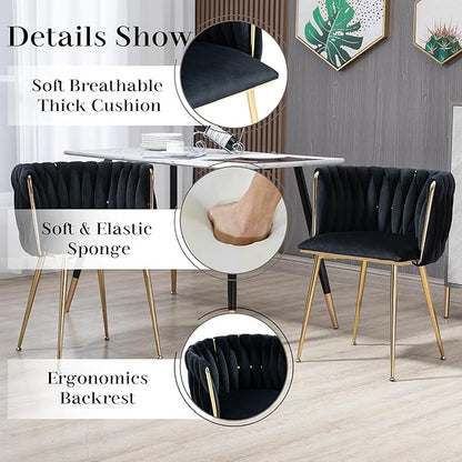 Gold Glass Round Dining Table Set for 4, 5 Pieces Modern Luxury Circle Kitchen Table Set, 39'' Clear Circular Glass Top Minimalist Dinner Room Set, Black Woven Chairs Set, for Small Apartment