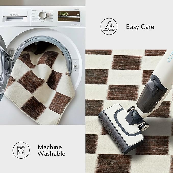 EVERGRACE Checkered Plaid Area Rug 2x6, Soft Fuzzy Faux Wool Rugs Washable Anti Slip Rugs Long Runner Rug for Entryway Bedroom Living Room Hallway Dining Room and Laundry, Dark Brown and White