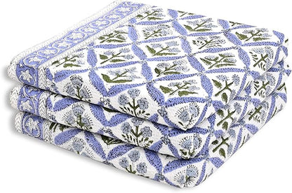 Ridhi Light Steel Blue Hand Block Print Waffle Kitchen Towel Set of 3-16 x28 Ultra Absorbent Quick Dry 100% Cotton Dish Towels Lightweight Reusable Sustainable Tea Towels for Cleaning and Drying