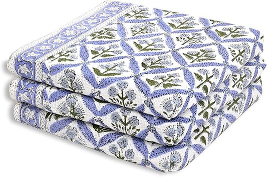 Ridhi Light Steel Blue Hand Block Print Waffle Kitchen Towel Set of 3-16 x28 Ultra Absorbent Quick Dry 100% Cotton Dish Towels Lightweight Reusable Sustainable Tea Towels for Cleaning and Drying