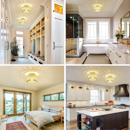 Crystal Ceiling Light, Modern Semi Flush Mount Ceiling Light, Gold Crystal for Kitchen Bedroom Bathroom Entryway (Bulb not Included)