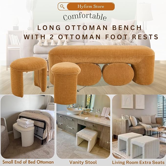 3-Piece Nesting Upholstered Bench with 2 Stools, 53" Chenille Accent Chair Waterfall Bench Modern End of Bed Entryway Bench Bedroom Bench for Living Room Vanity, Burnt Orange, No Need to Install