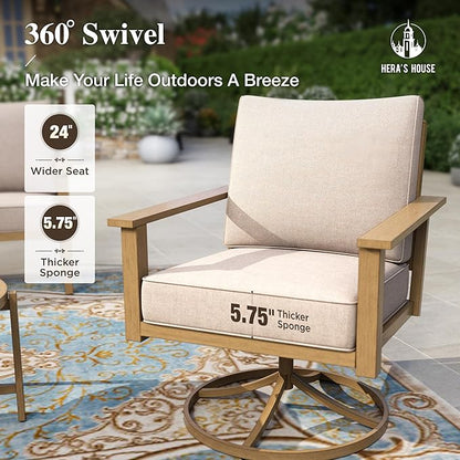 HERA'S HOUSE Patio Furniture Set 5-Piece, Metal Outdoor Conversation Set with Wood Grain Finish, 2 x Swivel Chair, 1 x 3-Seat Outdoor Chair, 2 x Multi-Functional Table for Garden Deck Backyard