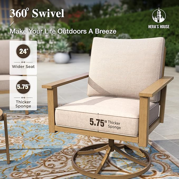 HERA'S HOUSE Patio Furniture Set 7-Piece, Metal Outdoor Conversation Set with Wood Grain Finish, 2 x Leg Chair, 2 x Swivel Outdoor Chair, 1 x 3-Seat Chair, 2 x Multi-Functional Table Garden Deck Lawn