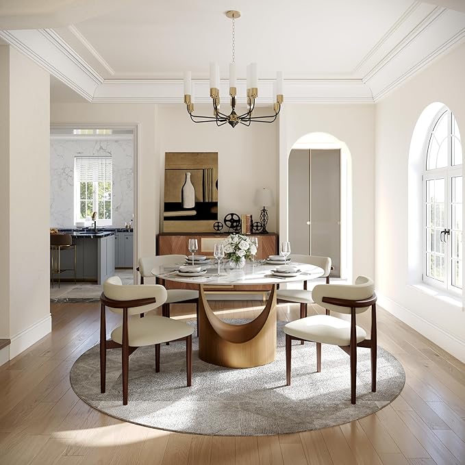 POVISON Round Dining Table for 4, 51" Glossy White Sintered Stone Top Dining Table with Bronze Carbon Steel Pedestal, Modern Dining Room Table for Kitchen, Living Room (Table Only)