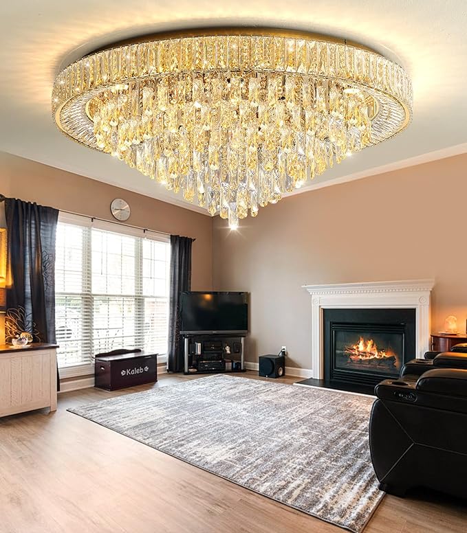 Modern Crystal Large Chandeliers LED Dimmable Flush Mount Ceiling Chandeliers for Living Room High Ceiling Entrance Foyer Bedroom