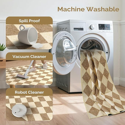 LIVEBOX Washable Living Room Rug 8x10, Brown Checkered Diamond Rug Non-Slip Modern Neutral Geometric Plaid Rugs for Bedroom, Low Pile Area Rug for Dining Room Kids Room Classroom