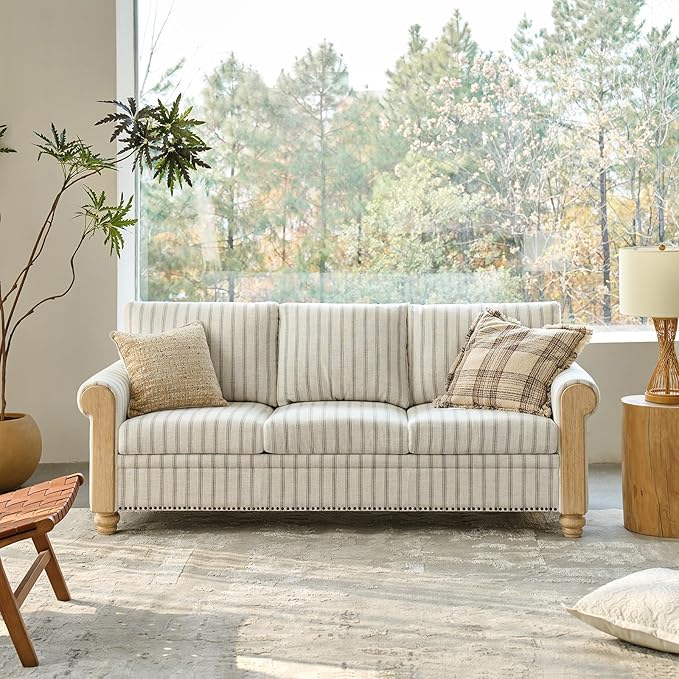 EcoHarbor Living 3-Seater Couch, Stripe 81" Mid-Century Modern Upholstered Sofa with Armrests, Stripe Couches for Living Room, Bedroom, Office, Apartment