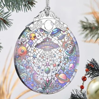 UFO Alien Stained Glass Ornament, Christmas Ornaments, Christmas Tree Decorations, UFO Alien Christmas Decor, UFO Alien Ornaments for Christmas Tree, Holiday Presents, Gift Exchange Ideas