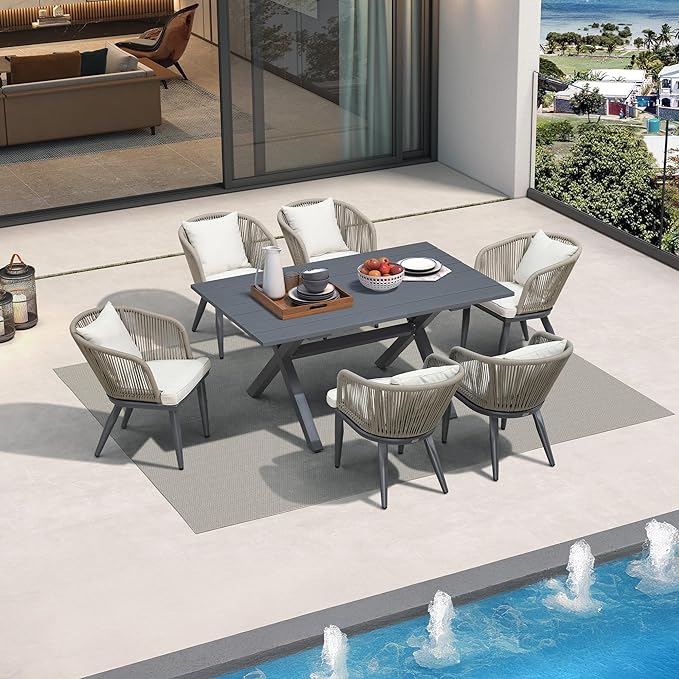 PURPLE LEAF 7 Pieces Patio Dining Table Set Wicker Outdoor Furniture Rectangular Table and Chairs Set for Garden Deck Aluminum Frame Backyard Kitchen Set, Cushions and Pillows Included Taupe