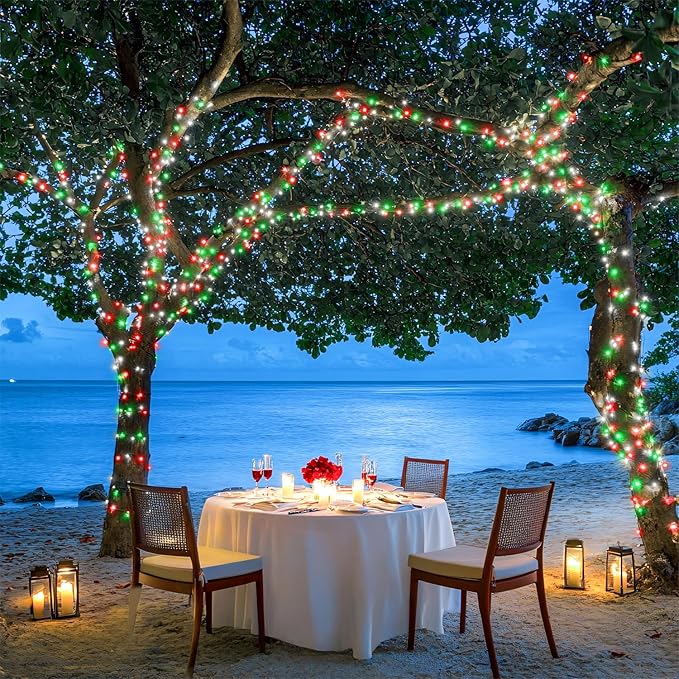 JMEXSUSS Connectable Red White and Green Christmas Lights, 8 Modes 100 LED Twinkle String Lights Indoor, Clear Wire Plug-in String Lights Outdoor Waterproof