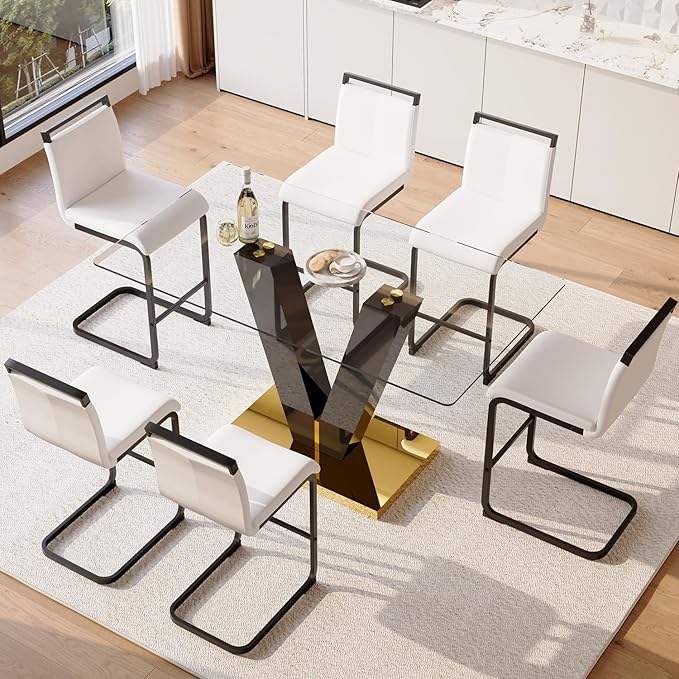 Bar Stools Set of 4,25" Counter Height Bar Stools with Footrest,White Faux Leather Kitchen Stools with Black Painted Metal Leg,White Bar Stools Ideal for Island Pub Kitchen Counter Dining Chair