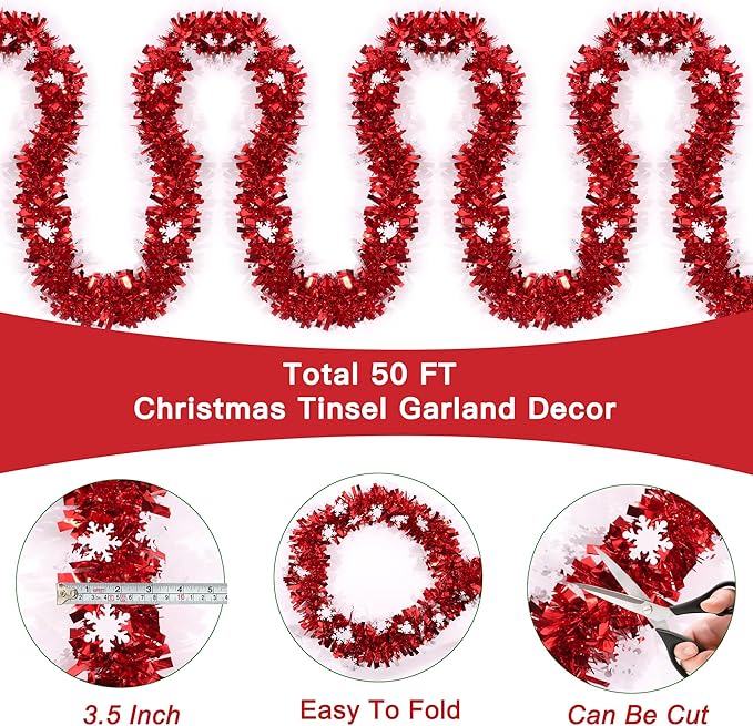50 Feet Red Christmas Tinsel Garland with Snowflake Ornaments Metallic Twist Shiny Xmas Decorations Tree Garlands for Home Mantle Office Stair Indoor Outdoor Holiday Decor Party Supplies