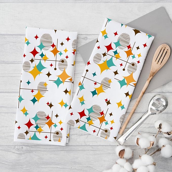 Mid Century Modern Kitchen Towels Set of 2 Diamond Absorbent Dish Towels 24x16