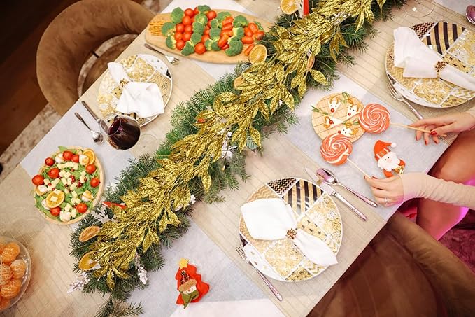 3 Pcs 6FT Christmas Garland Gold Glittered Artificial Magnolia Leaves for Mantle Christmas Tree Decorations Indoor Outdoor Hanging Garland Ornaments Garden Door Wall Window Stair Holiday Home Decor