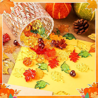 120Pcs Acrylic Leaves Mini Pumpkin Maple Leaves Acorns, Fall Vase Filler Thanksgiving Sensory Bin Filler Acrylic Crystals Gems for Autumn Thanksgiving Home Table Scatters Decoration