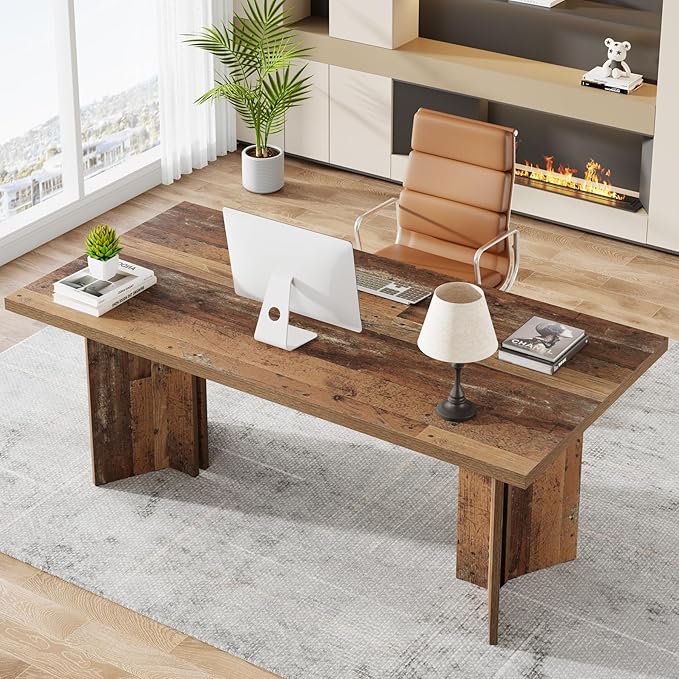 Tribesigns 63-inch Executive Desk, Vintage Home Office Computer Desk with Large Tabletop, Farmhouse Wood Writing Conference Table Workstation for Office, Study, Distressed Brown