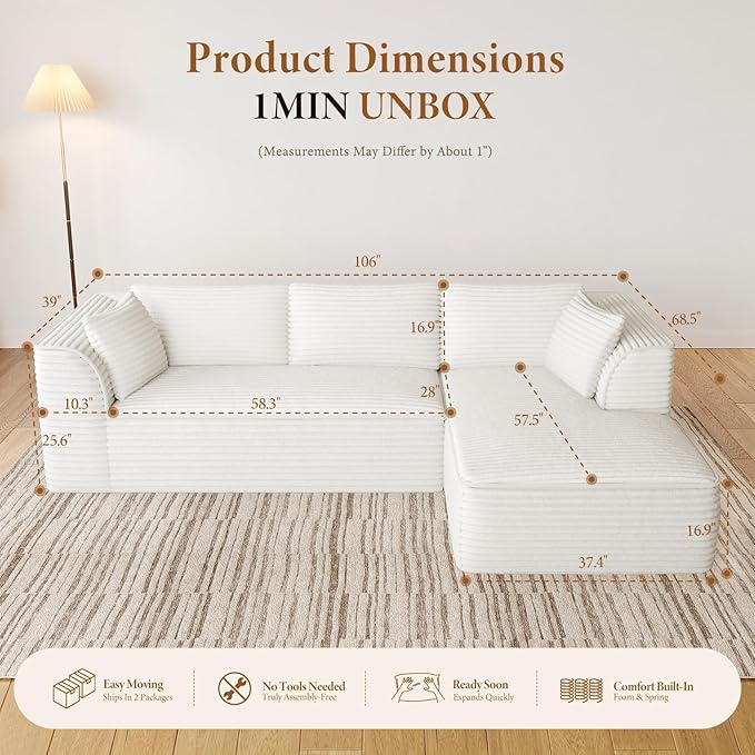 Vesgantti 106" Modular Sectional Sofa with Chaise, Deep Seat Comfy Cloud Couch Corduroy L Shaped Sofa Sectional Couches for Living Room Bedroom, No Assembly Required (Beige, Right-Facing Chaise)