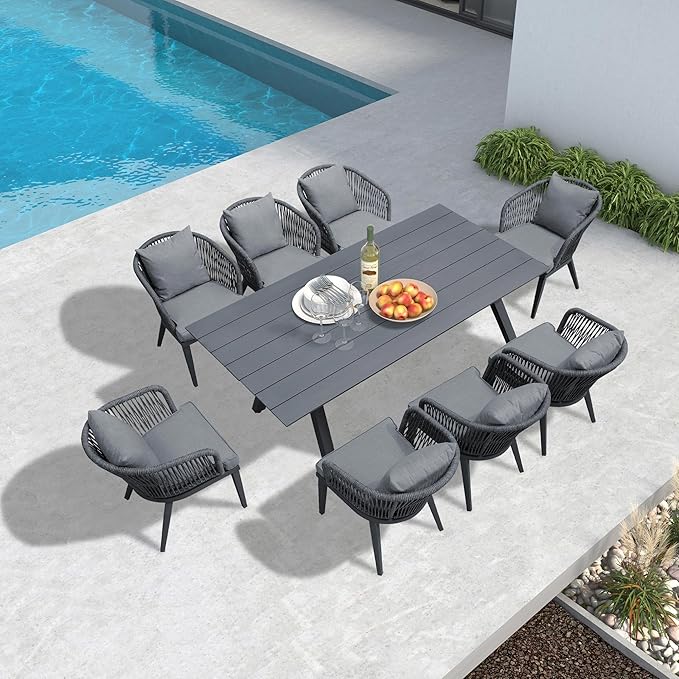 PURPLE LEAF 9 Pieces Patio Dining Table Set Wicker Outdoor Furniture Rectangular Table and Chairs Set for Garden Deck Aluminum Frame Backyard Kitchen Set, Cushions and Pillows Included Grey