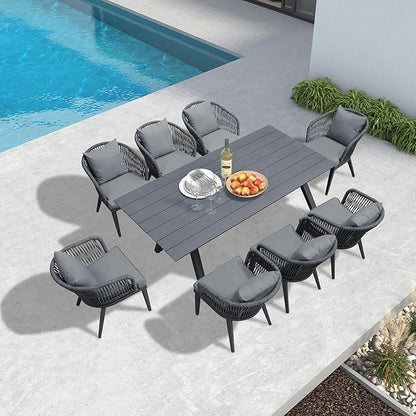 PURPLE LEAF 9 Pieces Patio Dining Table Set Wicker Outdoor Furniture Rectangular Table and Chairs Set for Garden Deck Aluminum Frame Backyard Kitchen Set, Cushions and Pillows Included Grey