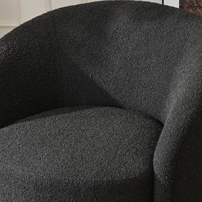 KINWELL 34" W Mid Century Modern Swivel Barrel Chair, Round Upholstered Boucle Swivel Accent Chairs, No Assembly Chair for Living Room Bedroom Reading Apartment Lounge Nursery(Black)