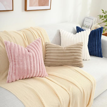 decorUhome Fall Faux Fur Throw Pillow Covers 18x18 Set of 2, Decorative Soft Plush Striped Neutral Euro Pillow Covers with Velvet Back for Bed, Living Room Home Decor, Light Khaki Brown
