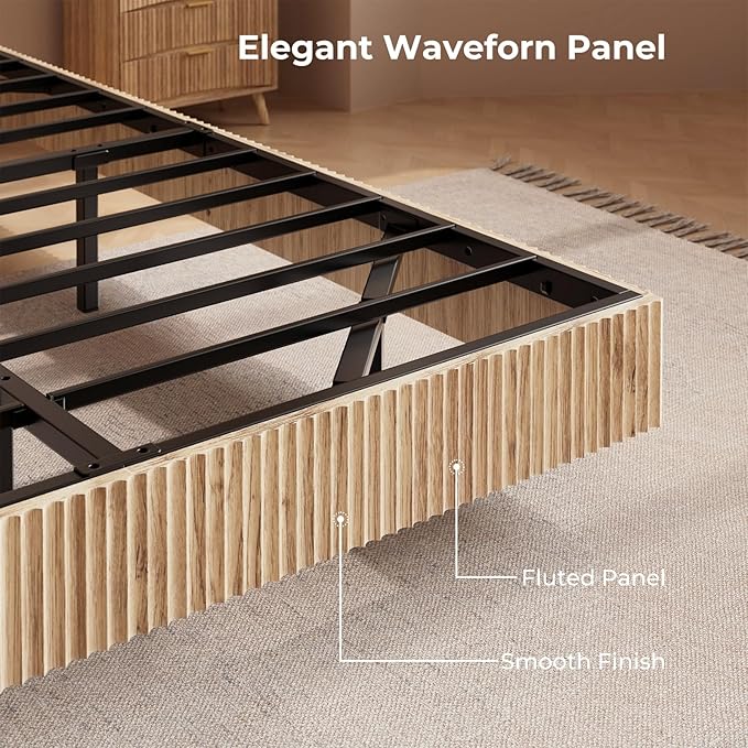 Evermagin Natural Full Floating Bed Frame with led Lights, Bohemia Fluted Floating Platform Bed No Headboard, Heavy Duty Metal Float Bedframe, No Box Spring Needed