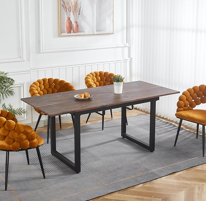 55''- 71'' Extendable Dining Room Table, Expandable Dining Table with Metal Leg, Modern Mid Century Large Table, for 2-6 Person, Walnut Brown