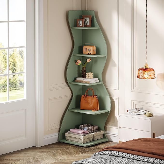 Tribesigns Wavy Corner Shelf, Modern 5-Tier Bookshelf Bookcase with Curvy Shape, Unique Plant Stand Display Rack for Living Room Small Space (Green)