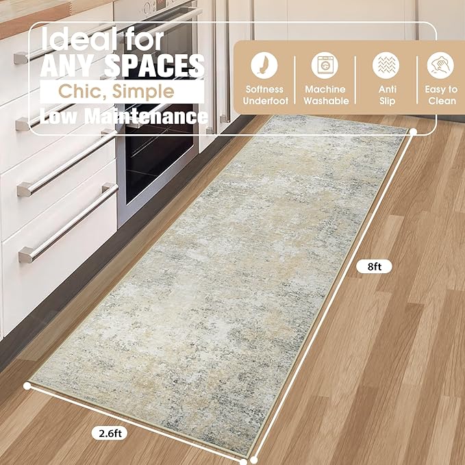 Runner Rug for Hallways Kitchen 2'6"x8' Washable Non Slip: Carpet Non Skid 8ft Entryway Rubber Backed 8 Feet Neutral Abstract Modern Rug Low Pile Pet Friendly Indoor Beige Grey