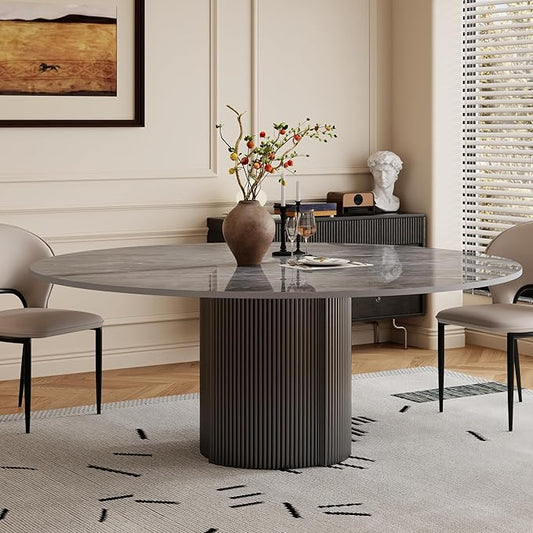 59" Modern Round Dining Table for 6, Gray Sintered Stone Dining Room Table with Black Fluted Metal Pedestal, Easy Assembled Circle Kitchen Table for Home, (Table Only)