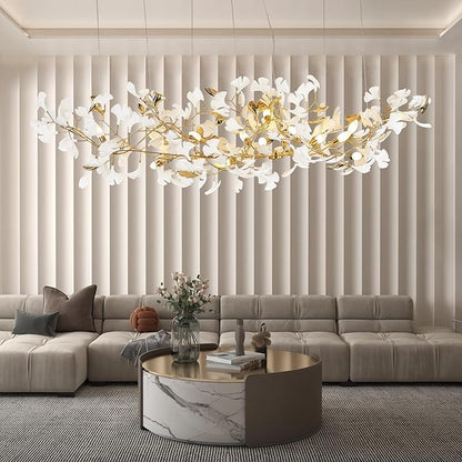 L79 Large Modern Chandelier, 16 Lights Gold Branch Chandeliers, Luxury Ceramic Ginkgo Ceiling Light Fixtures, Hanging Brass Chandelier for Dining Room Hotel Kitchen Island Living Room