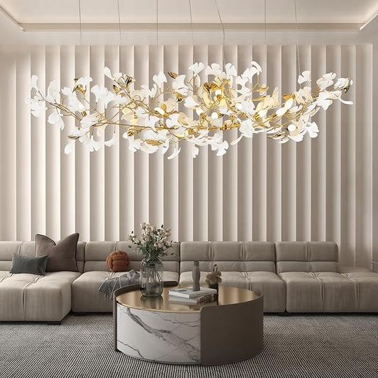 L79 Large Modern Chandelier, 16 Lights Gold Branch Chandeliers, Luxury Ceramic Ginkgo Ceiling Light Fixtures, Hanging Brass Chandelier for Dining Room Hotel Kitchen Island Living Room