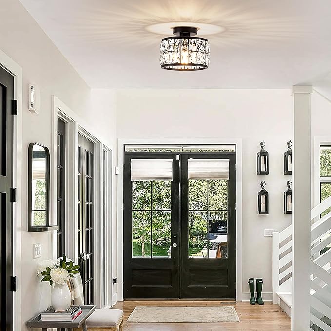 Crystal Ceiling Light Fixture, Modern Semi Flush Mount Ceiling Light,Crystal for Kitchen Bedroom Bathroom Entryway, Black Finish