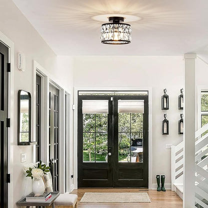 Crystal Ceiling Light Fixture, Modern Semi Flush Mount Ceiling Light,Crystal for Kitchen Bedroom Bathroom Entryway, Black Finish
