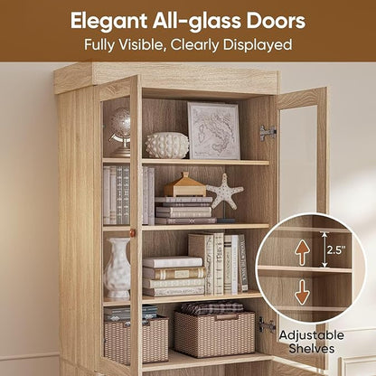 Vyre 71" Tall Farmhouse Bookshelves with Glass Doors, Set of 3 – Large Modular Bookcase with Adjustable Shelves, Storage Cabinet for Living Room, Kitchen, Home Office, Brown