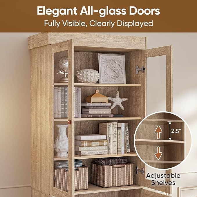 Vyre 71" Tall Farmhouse Bookshelves with Glass Doors and Drawers, Set of 3 – Large Modular Bookcase with Adjustable Shelves, Storage Cabinet for Living Room, Kitchen, Brown