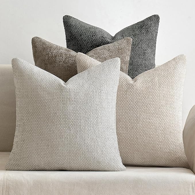 MIULEE Pack of 4 Throw Pillow Covers 24x24 Inch Neutral Soft Decorative Chenille Pillow Covers Farmhouse Boho Accent Cushion Covers for Mid Century Modern Home Decor Bedroom Living Room