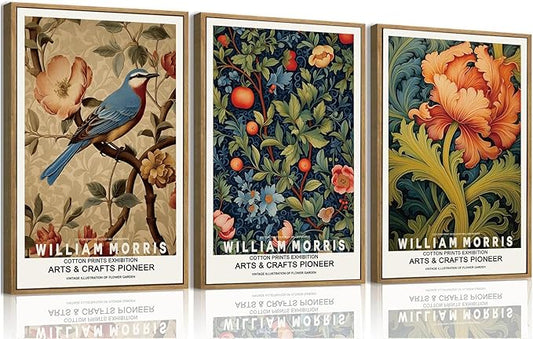 ILLBDR William Morris Framed Wall Art Vintage Bird Canvas Wall Art Set of 3 Colorful Floral Prints Botanical Artwork Classic Aesthetic Pictures Decor for Bedroom Living Room 12x16 Inch