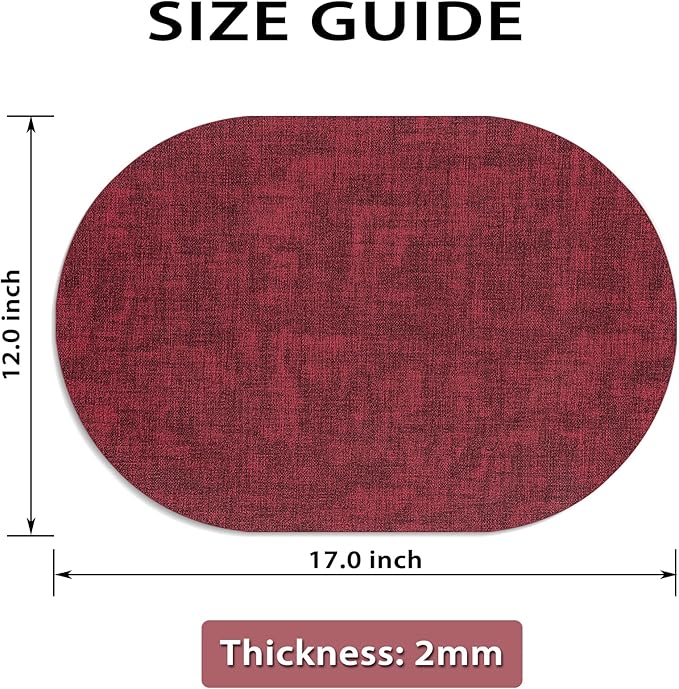 Placemats Set of 12 Washable, Heat Resistant Table Placemats Wipeable Faux Leather Oval Place Mats Non Slip, Waterproof Oval Table Mats for Indoor Outdoor, Wine Red