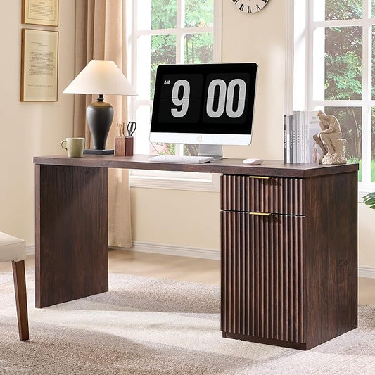 JXQTLINGMU 60" Modern Executive Desk with Storage, Wood Home Office Desk with Drawer & Cabinet, Fluted Computer Writing Desk for Study, Living Room, Bedroom, Dark Walnut