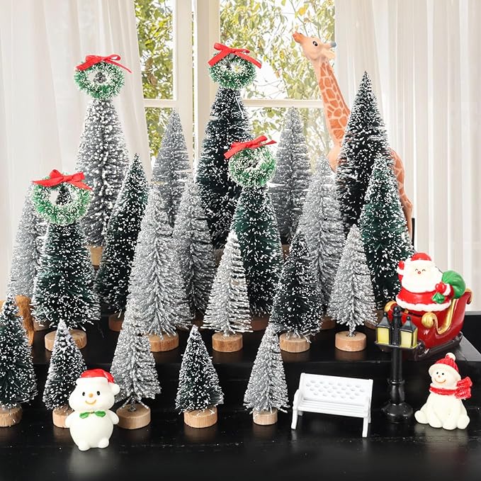 Mini Christmas Tree, Small Pine Tree with Wooden Bases for Xmas Holiday Party Home Tabletop Tree Decor (Silver/Green 30pcs)