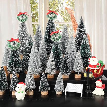 Mini Christmas Tree, Small Pine Tree with Wooden Bases for Xmas Holiday Party Home Tabletop Tree Decor (Silver/Green 30pcs)