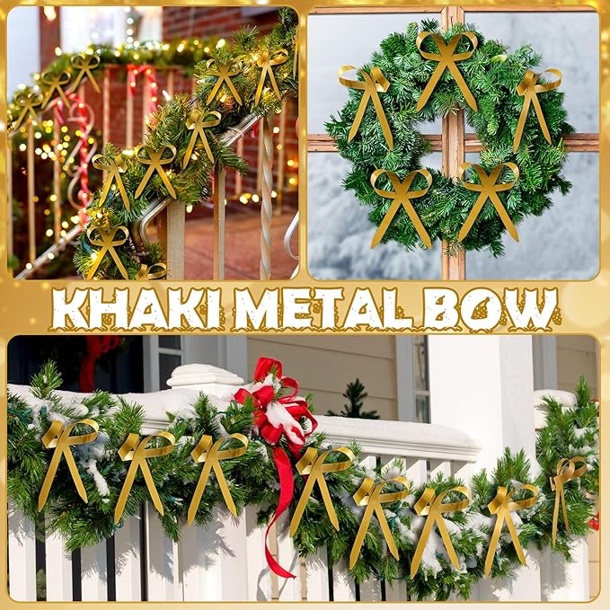 12 Pcs 2025 Metal Christmas Bow Ornaments for Christmas Tree Garland Wreath Bulk Bow with Clip Ornament Vintage Indoor Outdoor Home Xmas Party Decorations, 4 x 5 Inches (Gold)