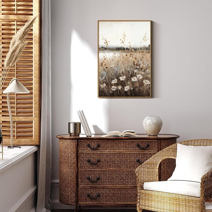 KBKBART Vintage Wall Art Framed, Retro Countryside Autumn Wildflower Field Landscape Canvas Painting Farmhouse Decor Wall Art, Rustic Fall Landscape Bathroom Wall Decor for Bedroom Living Room,