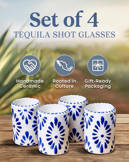 Talavera Shot Glasses 100% Handmade Ceramic Shot Glasses Mexican Pottery Design Perfect Gifts for Women & Men, BLUE