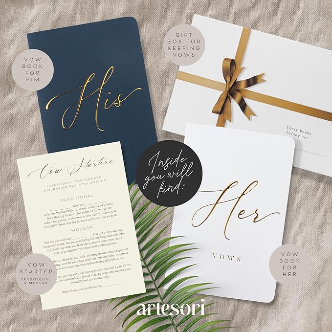 ARTESORI Premium Wedding Vow Book for Her & Him, Soft Touch, Gold Foil, 28 Lined Pages, Wedding Vow Books His and Hers, Wedding Essentials, Wedding Registry Ideas, His and Hers Gifts [White & Navy]