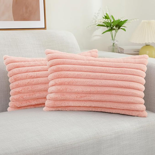 decorUhome Faux Fur Throw Pillow Covers 12x20 Set of 2, Decorative Soft Plush Striped Lumbar Neutral Euro Pillow Covers with Velvet Back for Bed, Living Room Home Decor, Blush Pink