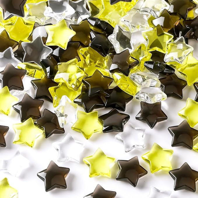 120 Pcs Happy New Years Acrylic Star Translucent Crystals Gems New Year 2026 3D Star Shaped Gems for Vase Filler Ice Rocks, Party Wedding Arts Crafts Decoration (Blak/Gold/Translucent)