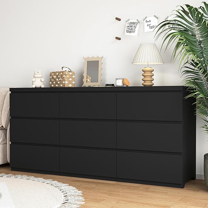 Dresser for Bedroom,9 Storage Drawers,63'' Modern Dresser with Metal Handle,TV Stand for 65 inch,Storage Organizer Furniture,Hallway,Entryway,Closet(Black)